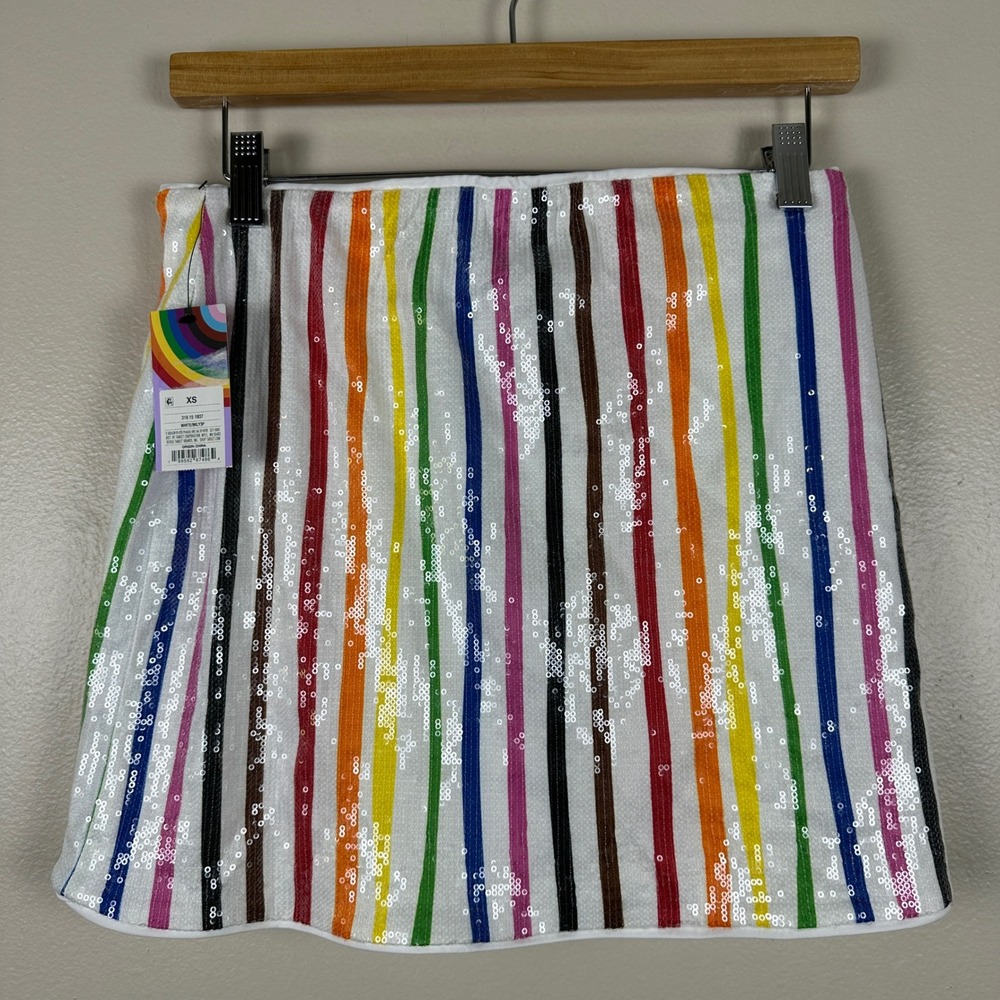 Pride Adult Women's XS Mini Skirt Multicolor Rainbow Striped Sequin NEW